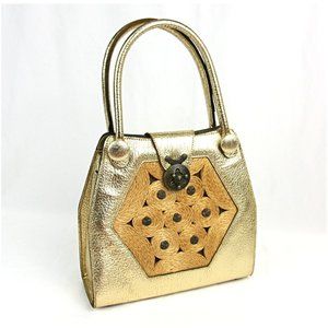 Vintage Mahler Metallic Gold & Straw Leather Handbag Pocketbook Purse 1960s Mod
